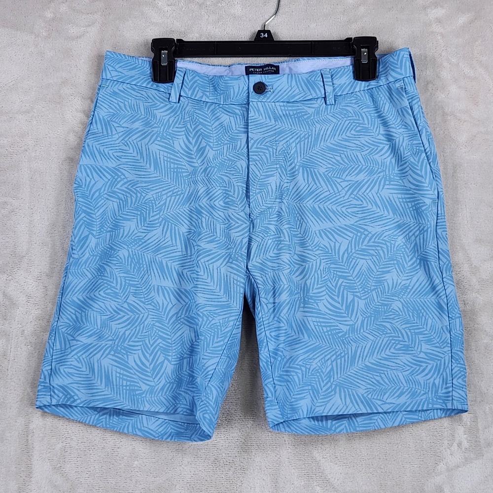 Peter Millar Shorts Mens 32 Blue Palm Print Stretch Golf Chino Summer Casual